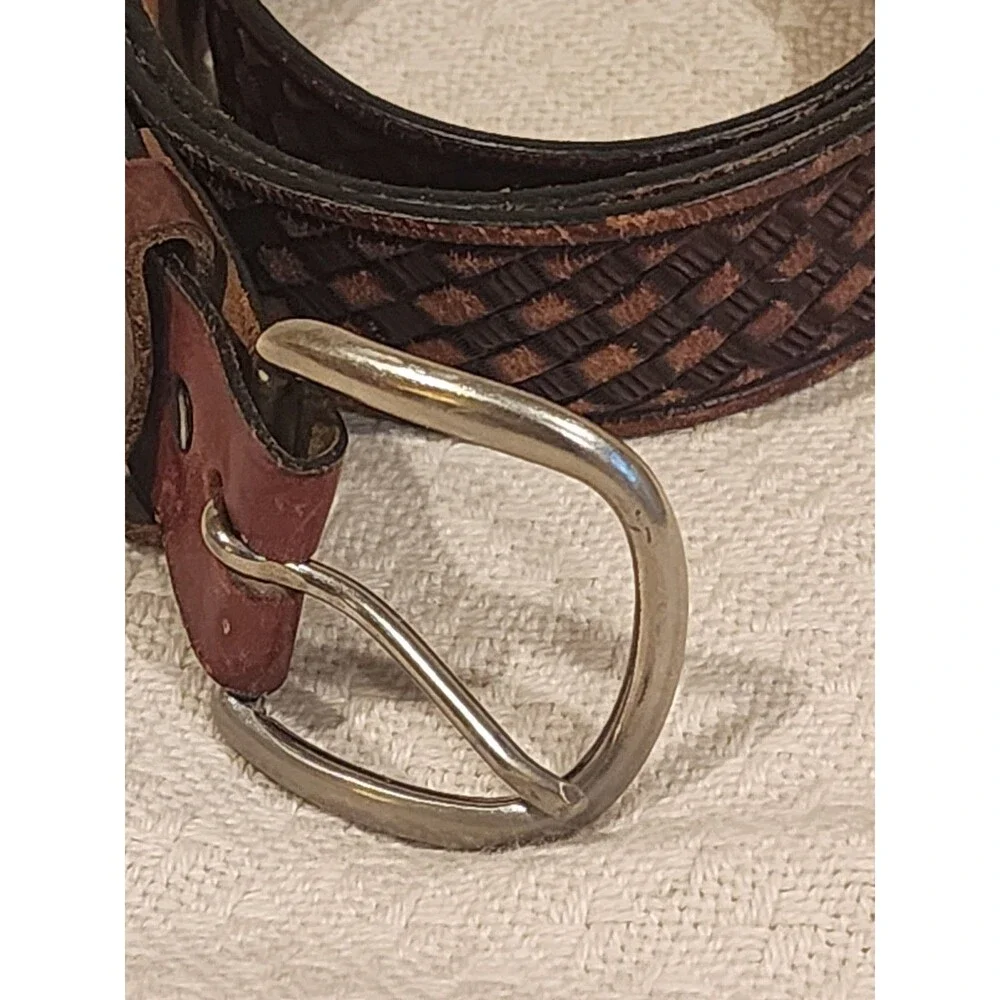 Brown Leather Belt Basket Weave Pattern Silver Buckle Good Usable Men 37